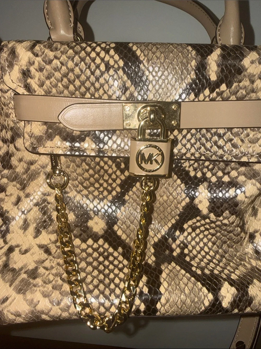 Michael Kors Tan Snake-Print Satchel with Gold Hardware